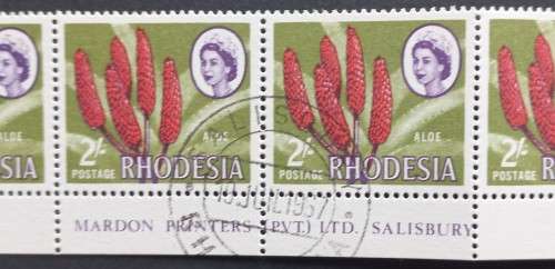 RHODESIA - 1966-70 DEFIN ISSUE (MARDON) - 2/- ALOE - STRIP OF 8 WITH IMPRINT/CONTROL - CTO