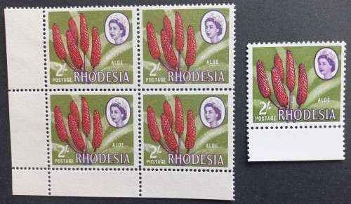 RHODESIA - 1966-70 DEFIN ISSUE - 2/- ALOE - CORNER BLOCK OF 4 plus SINGLE - MNH