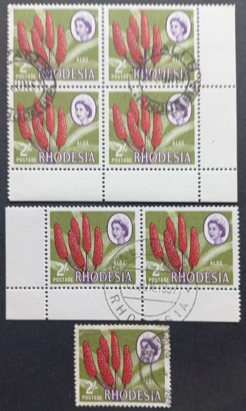 RHODESIA - 1966-70 DEFIN ISSUE (MARDON) - 2/- ALOE - CORNER BLOCK OF 4/PAIR/SINGLE - CTO