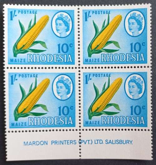 RHODESIA - 1967-68 DEFIN ISSUE `DUAL CURRENCY` - 1/- 10c MAIZE - IMPRINT BLOCK OF 4 - MNH