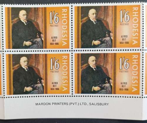RHODESIA - 1968 SIR ALFRED BEIT - CONTROL/IMPRINT BLOCK OF 18 - MNH
