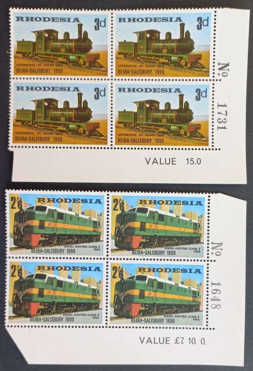 RHODESIA - 1969 BEIRA-SALISBURY RAILWAY LINE - 3d and 2/- NUMBER BLOCKS OF 4 - MNH