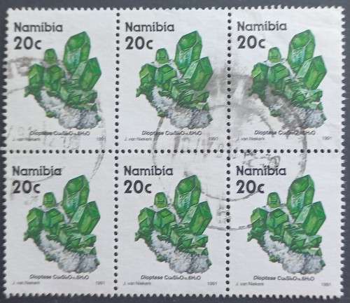**R1 START** NAMIBIA - 1991 1st DEFIN ISSUE - 20c DIOPTASE - BLOCK OF 6 - POSTALLY USED