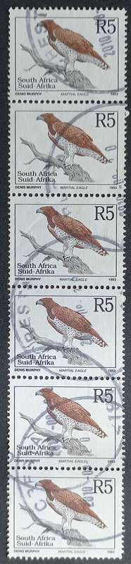 RSA - 1993 6th DEFIN ISSUE - R5 MARTIAL EAGLE - VERTICAL STRIP OF 6 - POSTALLY USED