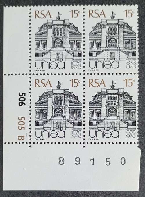 RSA - 1973 CENTENARY OF UNISA - 15c - CONTROL BLOCK OF 4 (PANE B) - UNUSED
