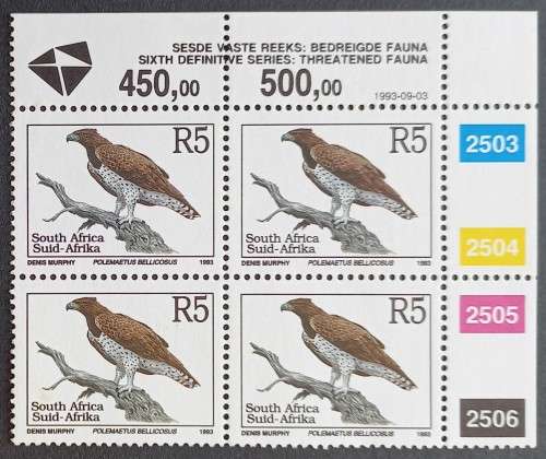 RSA - 1993 6th DEFIN ISSUE `THREATENED FAUNA` - R5 - CONTROL BLOCK OF 4 - MNH
