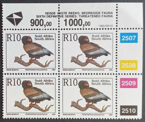 RSA - 1993 6th DEFIN ISSUE `THREATENED FAUNA` - R10 - CONTROL BLOCK OF 4 - MNH