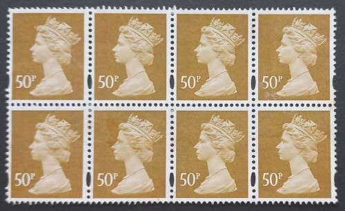 **R1 START** GB QEII - 1993 DEFIN ISSUE `MACHINS` - 50p OCHRE-BROWN - BLOCK OF 8 - USED