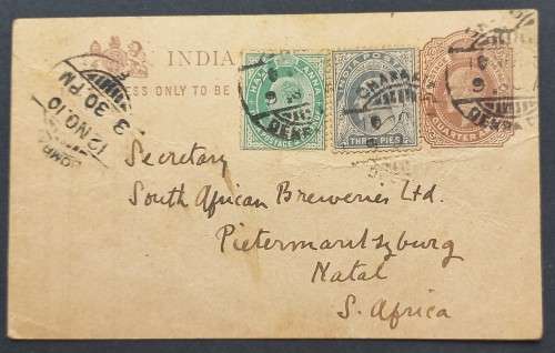 INDIA - POSTAL HISTORY - 1910 `CHANGE OF ADDRESS` CARD - INDIA TO PIETERMARITZBURG