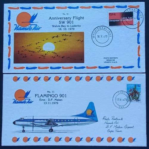 NAMIBAIR FLIGHT COVER #10/11 - 1979 FLIGHT SW901 WALVIS BAY/LUDERITZ & FLAMINGO SW901 EROS/DF MALAN