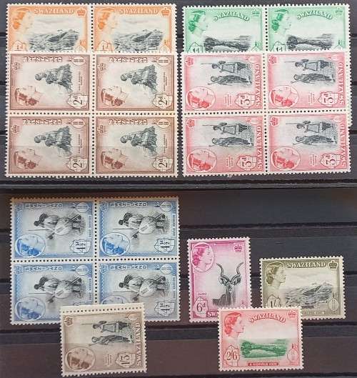 SWAZILAND - 1956 DEFIN ISSUE QEII - PART SET IN BLOCKS OF 4 OR SINGLES - UNUSED