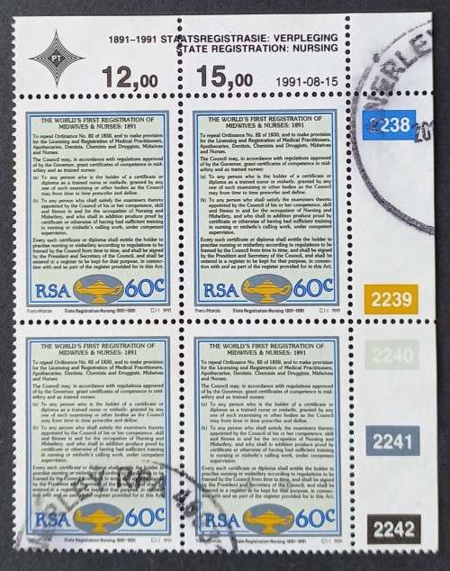 **R1 START** RSA - 1991 REGISTRATION OF NURSES & MIDWIVES - CONTROL BLOCK - POSTALLY USED