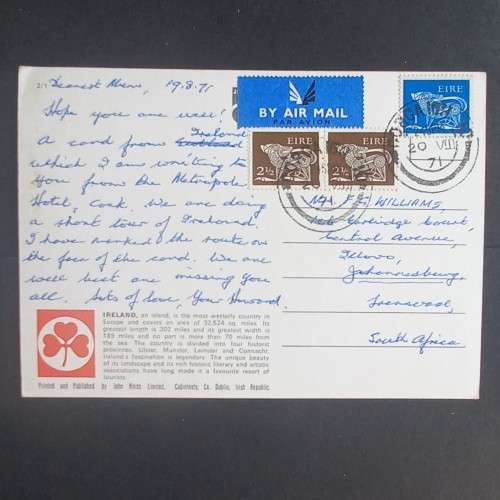 POSTCARD FROM IRELAND TO JOHANNESBURG - POSTED 1971