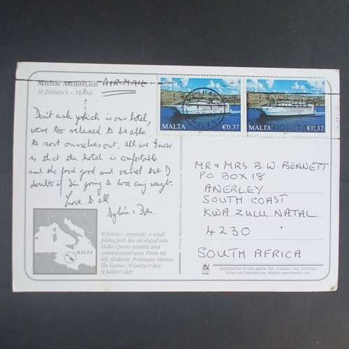POSTCARD FROM MALTA TO ANERLEY, KWAZULU-NATAL - POSTED