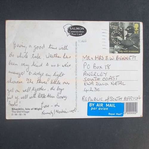 POSTCARD FROM ISLE OF WIGHT TO ANERLEY, KZN - POSTED