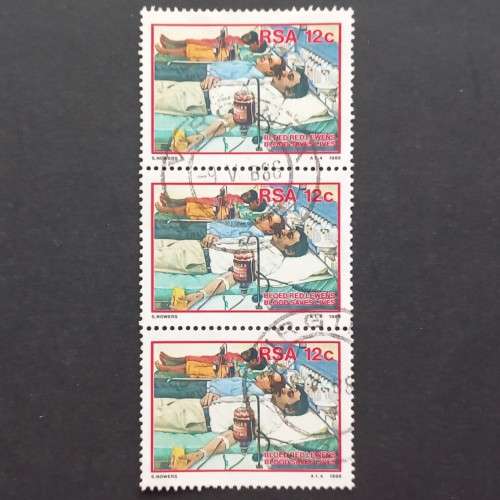 **R1 START** RSA - 1986 DONATE BLOOD - 12c STRIP OF 3 - POSTALLY USED