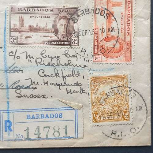 BARBADOS - 1946 POSTAL HISTORY - PRIVATE REGISTERED LETTER TO UK (REDIRECTED)