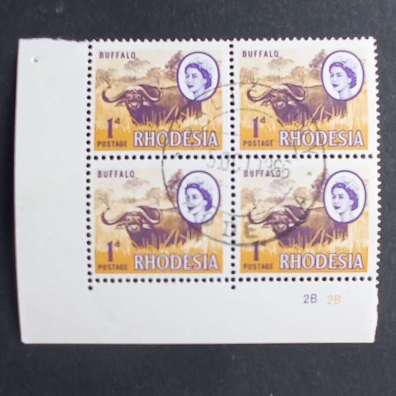 Rhodesia - 1966 Defin Issue `2nd Printing` - 1d Buffalo - Control Block of 4 - Used