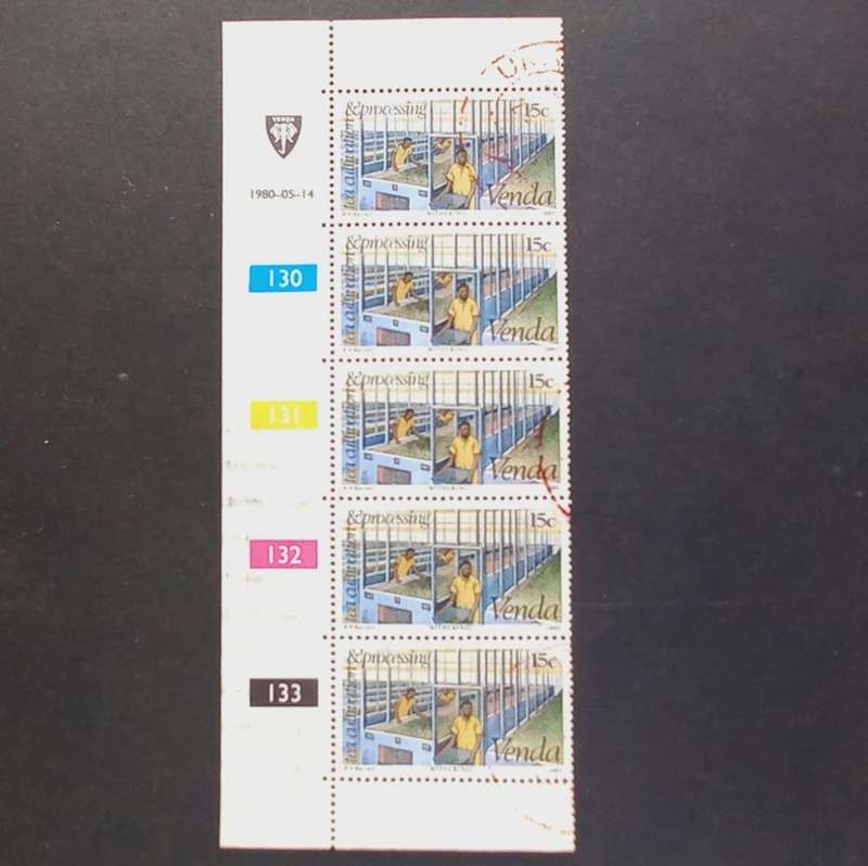 **R1 START** VENDA - 1980 TEA CULTIVATION - 15c - CONTROL STRIP OF 5 - POSTALLY USED