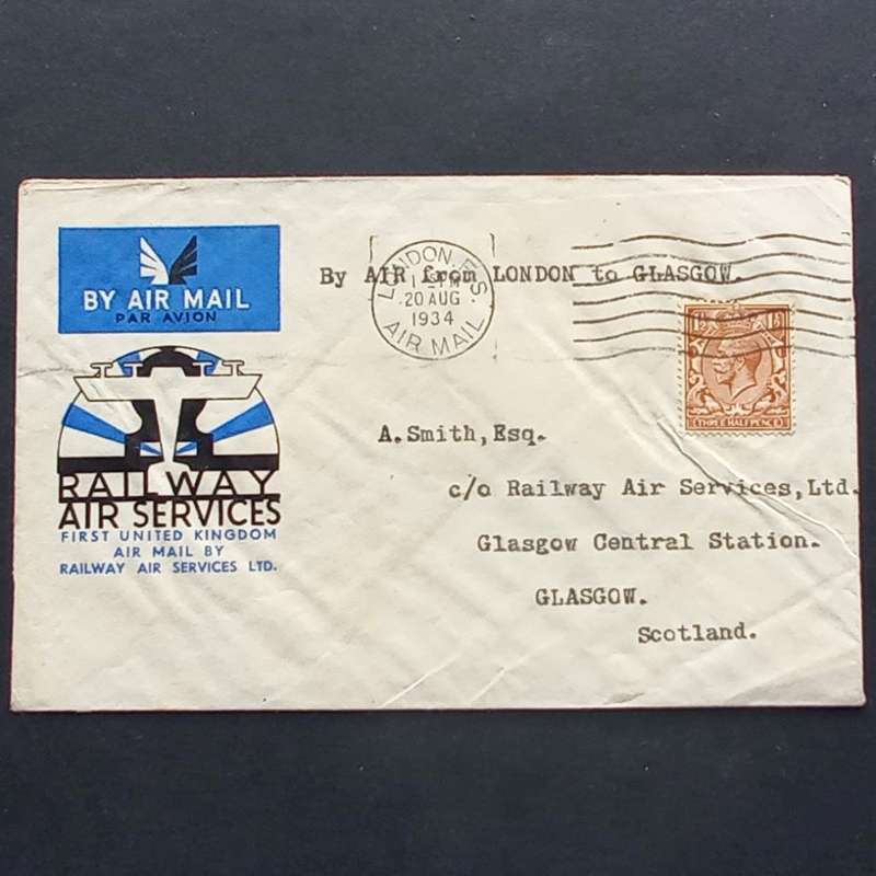 Railway Air Services Comm Cover - First flight London to Glasgow 20th Aug 1934