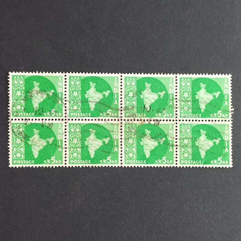 India - 1957 Defin Issue `Map of India` - 5np Green - Block of 8 - Used