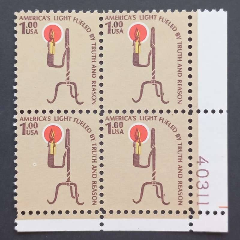 USA - 1975 Defin Issue - $1 Rush Lamp/Candle Holder - Corner Block of 4 - MNH