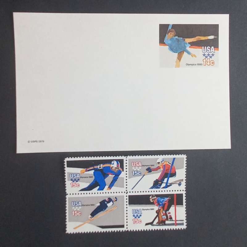 USA - 1980 Winter Olympics - Unused Postcard + Setenant Block of 4 (MNH)