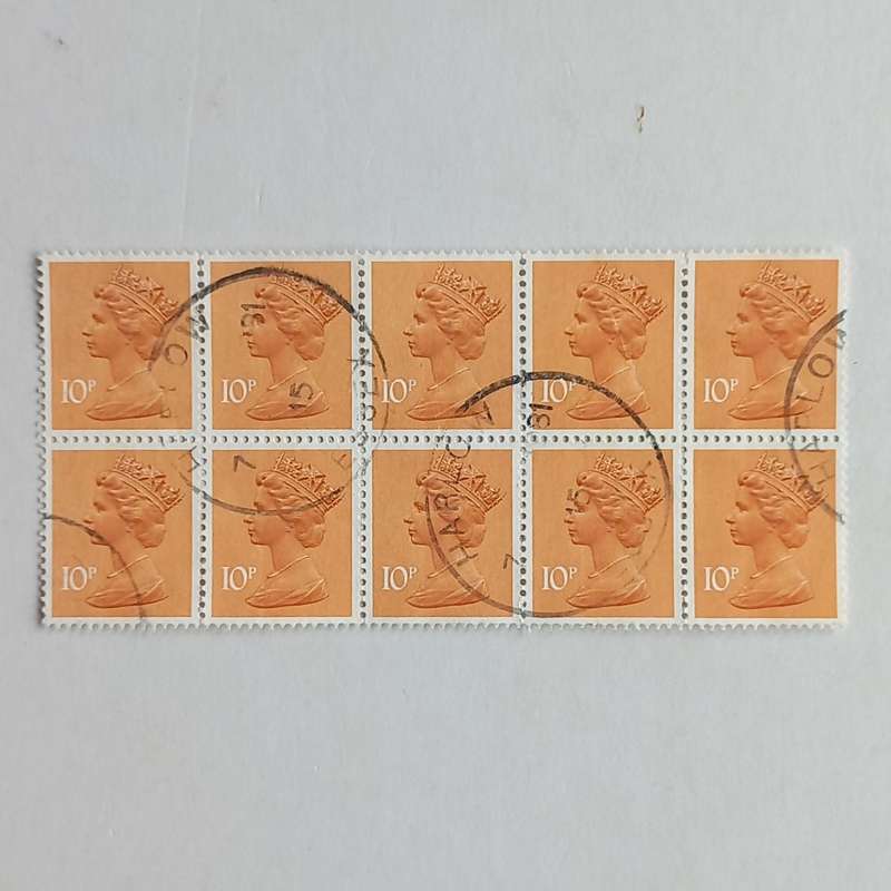 **R1 START** GB QEII - 1980 MACHINS - 10p ORANGE-BROWN - BLOCK OF 10 - USED