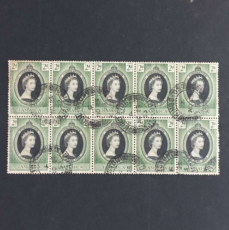 JAMAICA - 1953 CORONATION - BLOCK OF 10 - POSTALLY USED