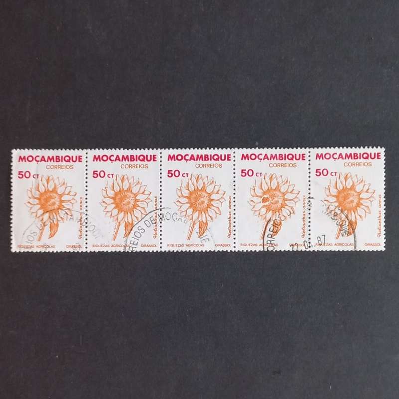 **R1 START** MOZAMBIQUE - 1981 AGRICULTURAL RESOURCES - 50c SUNFLOWER - STRIP OF 5 - USED