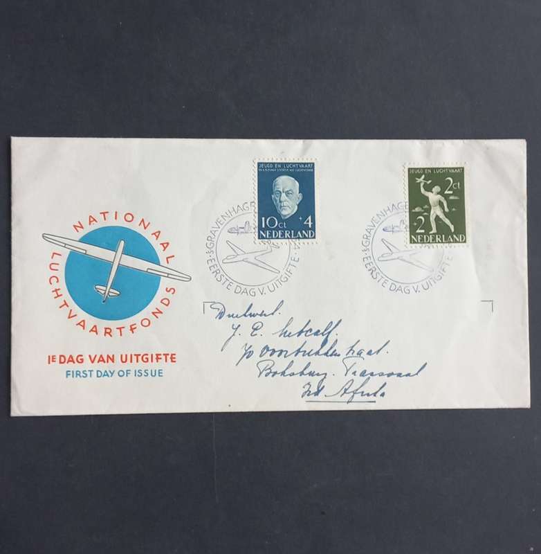 Netherlands - 1954 National Aviation Fund - Official FDC addressed to Boksburg