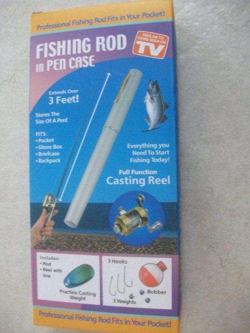 PEN CASE FISHING ROD WITH REEL& LINE, PRACTICE WEIGHT, 3 HOOKS,BOBBER& 3 WEIGHTS