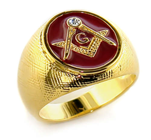 FREEMASON RED ACRYLIC INSIGNIA , CZ DIAMANTE,MASONIC EMBLEM WITH GOLD PLATED FINNISH SIZE 12