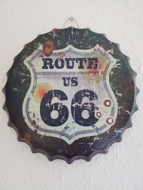 ROUTE 66 THEMED; LARGE ROUND EMBOSSED METAL HANGING SIGN  - NEW!