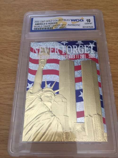 REMEMBER 9/11 TWIN TOWERS GEM MT-10 23KT REAL GOLD CARD