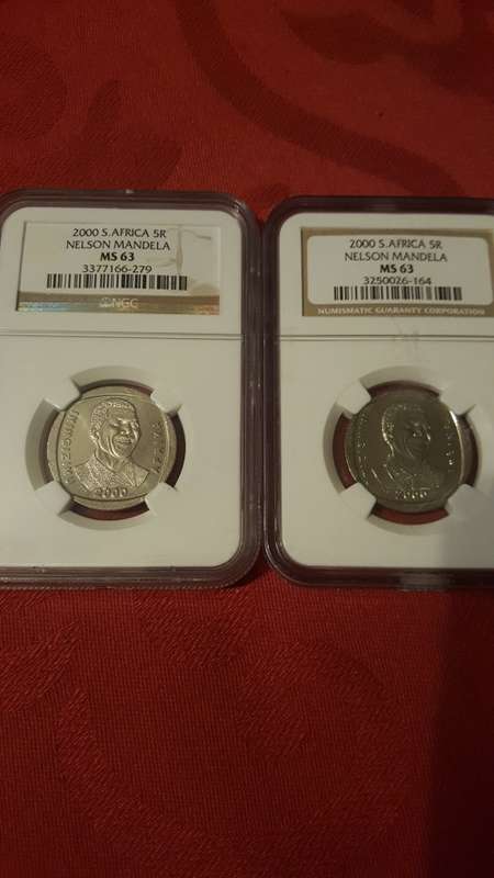 2000 NELSO MANDELA  SMILEY R5 COIN GRADED MS 63 BID PER COIN