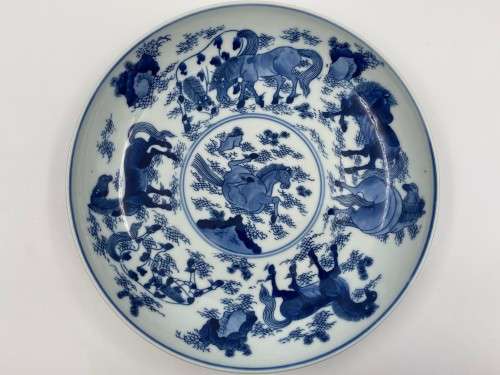 Chinese `Eight Horses of Wang Mu` blue and white plate/bowl, Republic of China 1949-