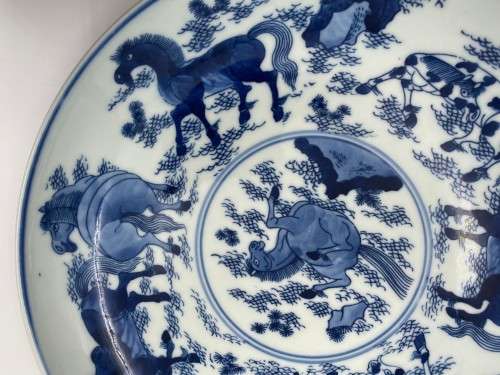 Chinese `Eight Horses of Wang Mu` blue and white plate/bowl, Republic of China 1949-