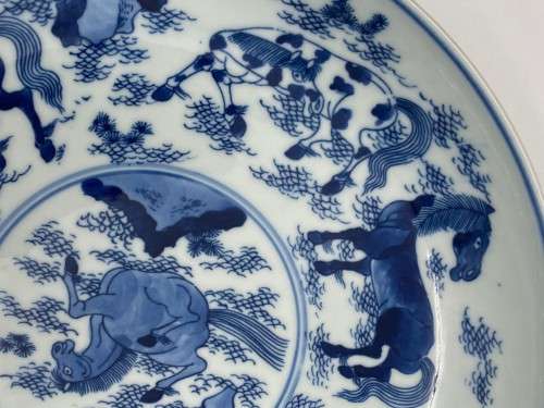 Chinese `Eight Horses of Wang Mu` blue and white plate/bowl, Republic of China 1949-