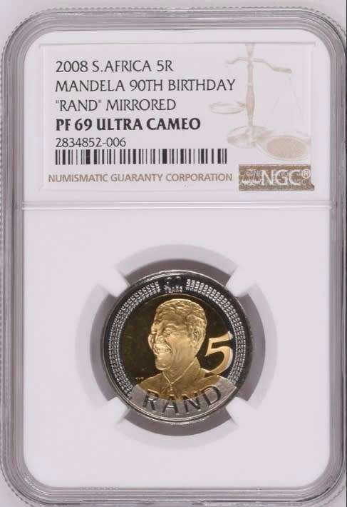 2008 R5 Mandela 90th Birthday Rand Mirrored NGC Graded PF69 Ultra Cameo