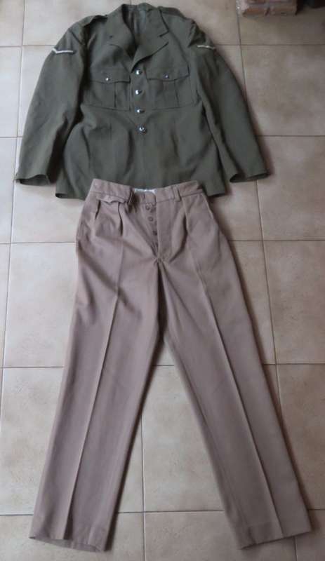SADF STEP OUT UNIFORM:TROUSERS SIZE 30 WITH PIPE LENGTH 80CM-JACKET SIZE MEDIUM-MEASURES 50CM ARMPIT