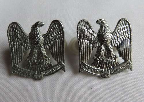 REGT. LOUW WEPENER CHROME COLLAR BADGE PAIR-WORN POST 1965-PINS INTACT
