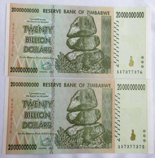 ZIMBABWE TWENTY BILLION DOLLARS AA PREFIX 2X NOTES IN SERIAL NO SEQUENCE- UNC