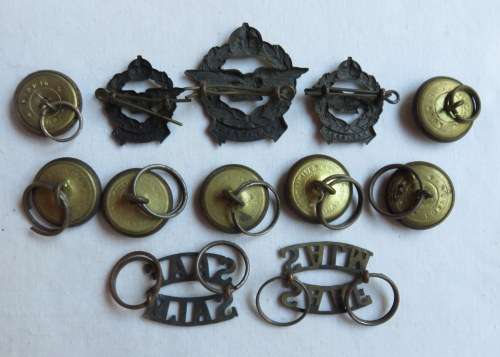 SAAF BLACKENED BRASS CAP COLLARS,TITLES & 7 BUTTONS-SOLD TOGETHER-LUGS INTACT-WORN 1930'S-1950'S