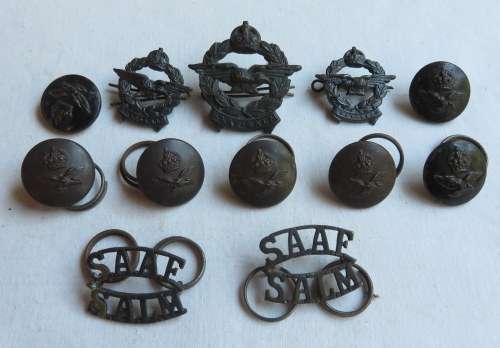 SAAF BLACKENED BRASS CAP COLLARS,TITLES & 7 BUTTONS-SOLD TOGETHER-LUGS INTACT-WORN 1930'S-1950'S