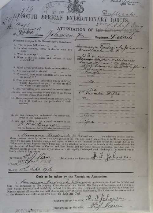 WW1 WAR MEDAL H.F. JOHNSON 6TH SA INFANTRY/DE LA REY RIFLES WITH 6 PAGES OF RESEARCH