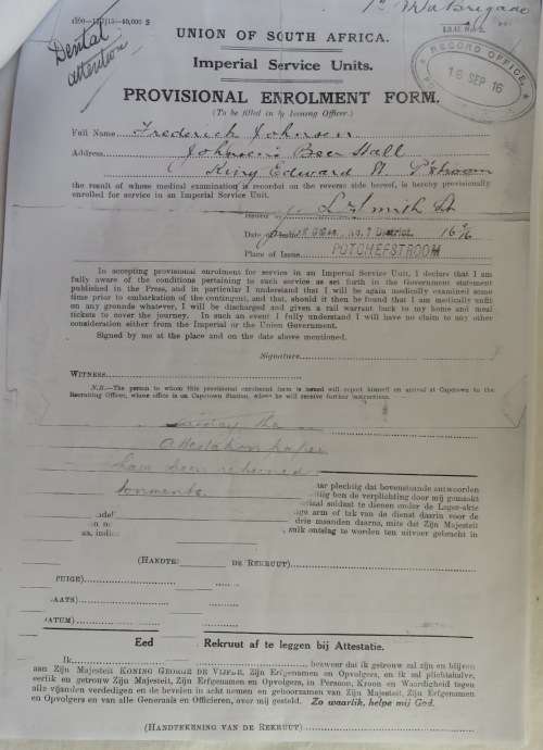 WW1 WAR MEDAL H.F. JOHNSON 6TH SA INFANTRY/DE LA REY RIFLES WITH 6 PAGES OF RESEARCH