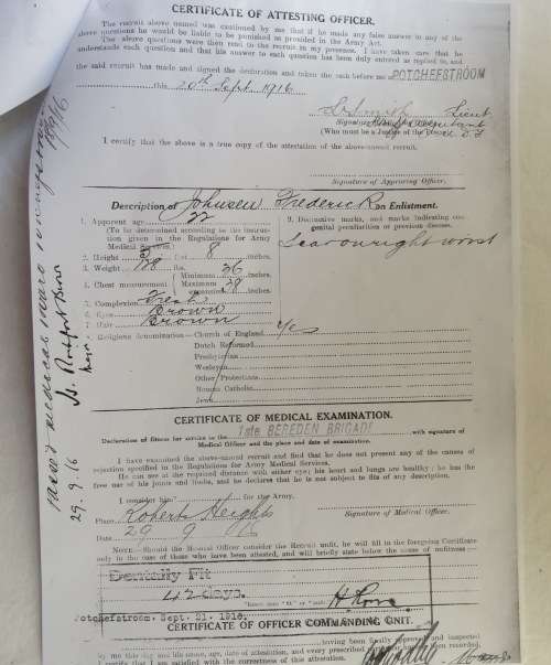 WW1 WAR MEDAL H.F. JOHNSON 6TH SA INFANTRY/DE LA REY RIFLES WITH 6 PAGES OF RESEARCH