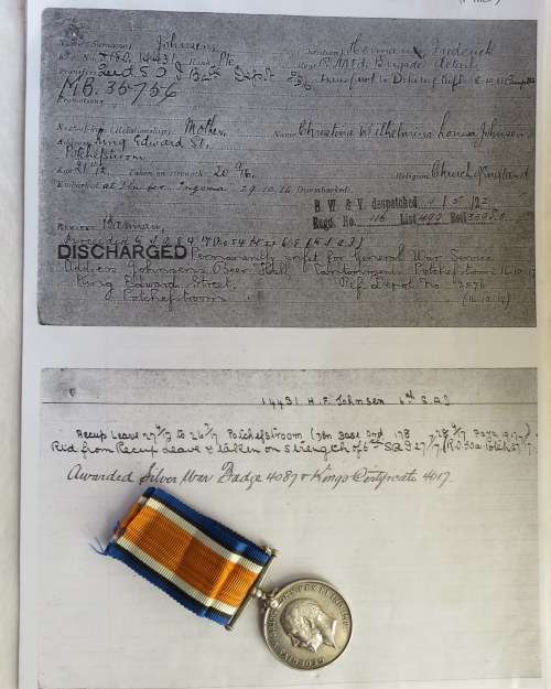 WW1 WAR MEDAL H.F. JOHNSON 6TH SA INFANTRY/DE LA REY RIFLES WITH 6 PAGES OF RESEARCH