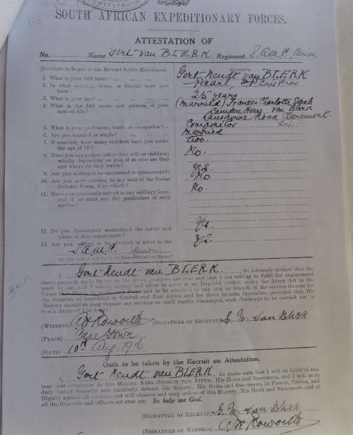 WW1 WAR MEDAL TO CPL G.N. VAN BLERK SAMC-7 PAGES OF RESEARCH